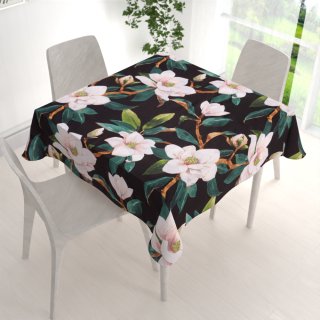 Bavlněný čtvercový ubrus Sandra SA-300 Květy magnolie na černém - detail 1 - Biante.cz Bavlněný čtvercový ubrus Sandra SA-300 Květy magnolie na černém - detail 1 - Biante.cz