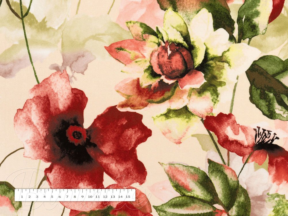 Sametová látka Tamara TMR-051 Abstraktní červené květiny na žlutobéžovém - šířka 150 cm - detail 3 - Biante.cz Sametová látka Tamara TMR-051 Abstraktní červené květiny na žlutobéžovém - šířka 150 cm - detail 3 - Biante.cz