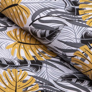 Bavlněná látka/plátno Sandra SA-177 Okrové a šedé tropické listy - šířka 160 cm - Biante.cz