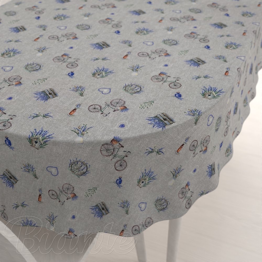 Dekorační oválný ubrus PML-097 Levandule a kola na šedém režném - Biante.cz