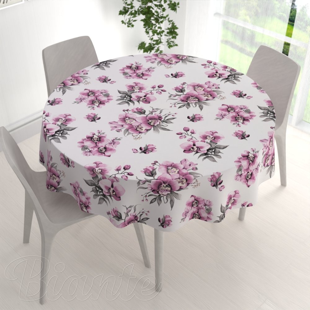 Bavlněný kulatý ubrus Sandra SA-623 Lila orchideje na bílém - detail 1 - Biante.cz