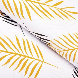 Bavlněná látka/plátno Sandra SA-219 Zlaté a černé palmové listy na bílém - šířka 160 cm - Biante.cz