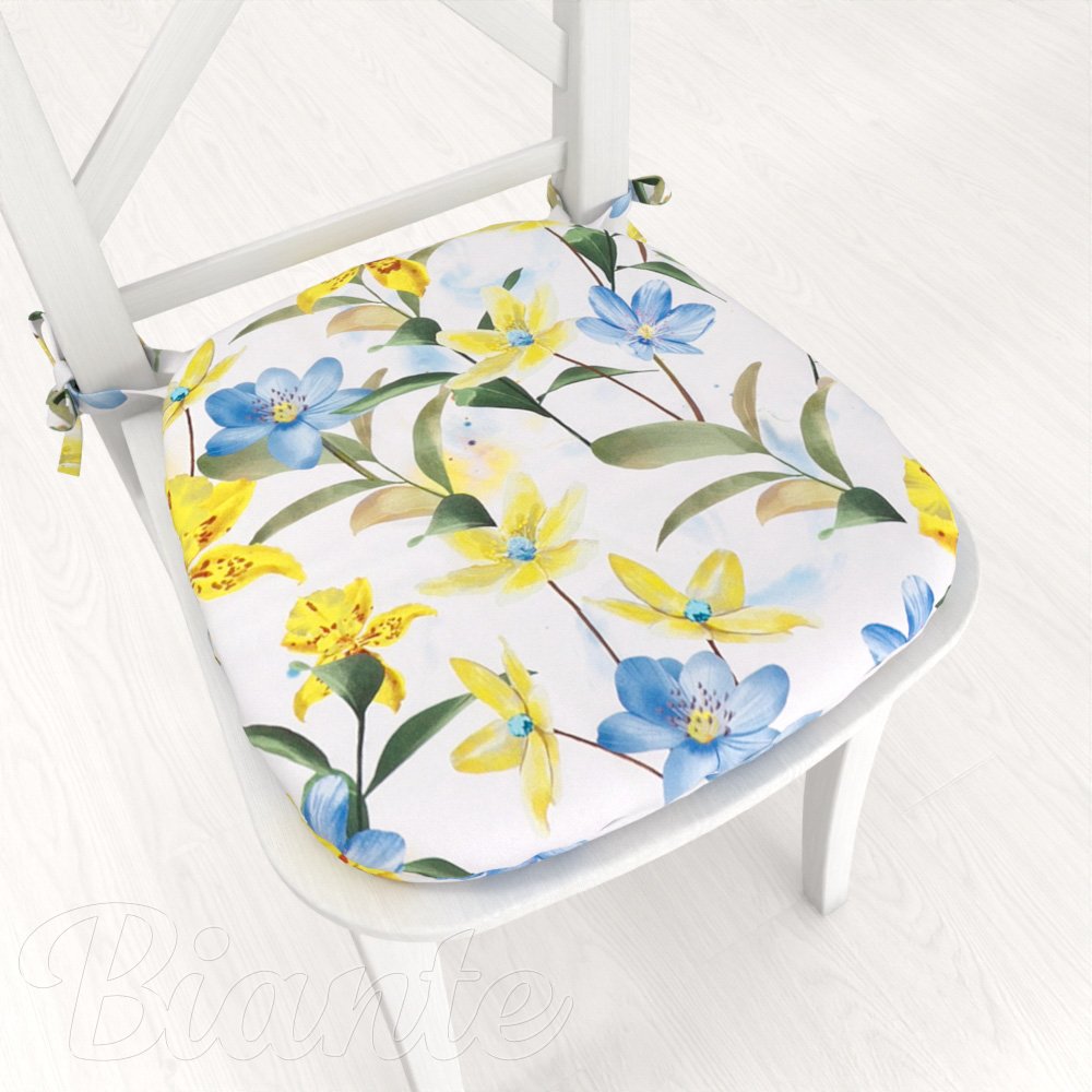 Teflonový oblý podsedák TF-081 Žluto-modré lilie na bílém - 39x37x3 cm - Biante.cz