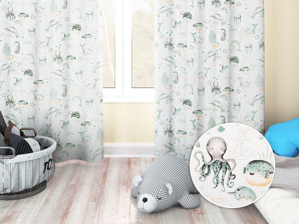 Dětský bavlněný závěs Sandra SA-688 Mořský svět zelený na bílém - Biante.cz