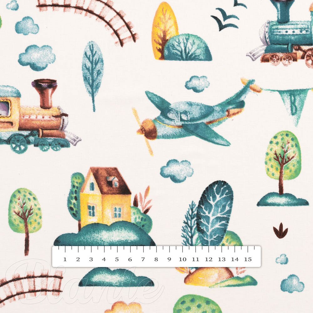 Dětská bavlněná látka/plátno Sandra SA-659 Modrozelené vláčky s letadýlky na bílém - šířka 160 cm - detail 3 - Biante.cz