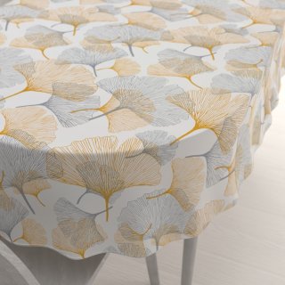 Bavlněný oválný ubrus Sandra SA-745 Šedo-hořčicové ginkgo listy na bílém - Biante.cz