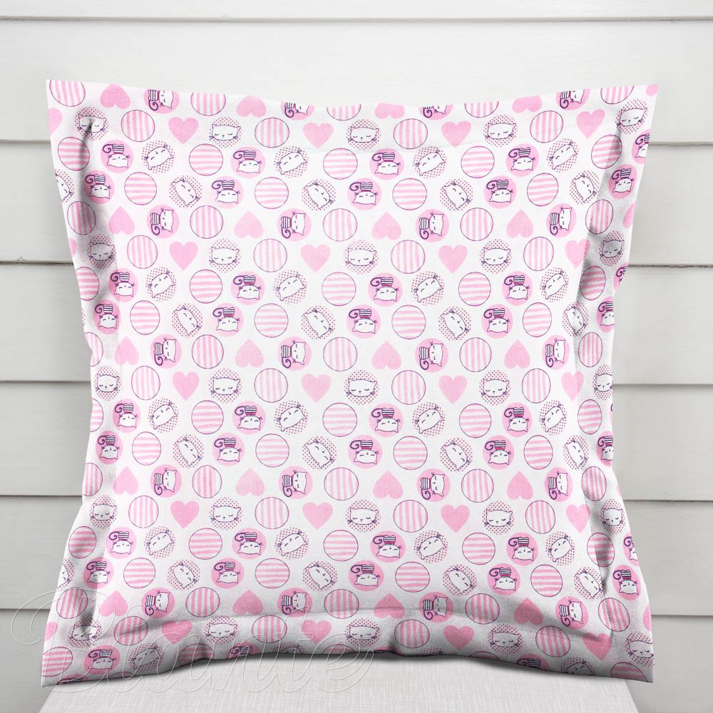 Dětský bavlněný povlak na polštář s lemem Sandra SA-126 Růžové kočičky a srdíčka - Biante.cz