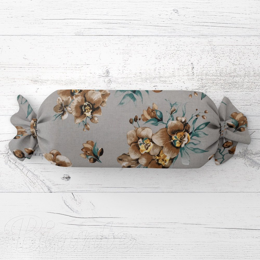 Polštář válec bonbon Sandra SA-622 Hnědé orchideje na šedém - Biante.cz
