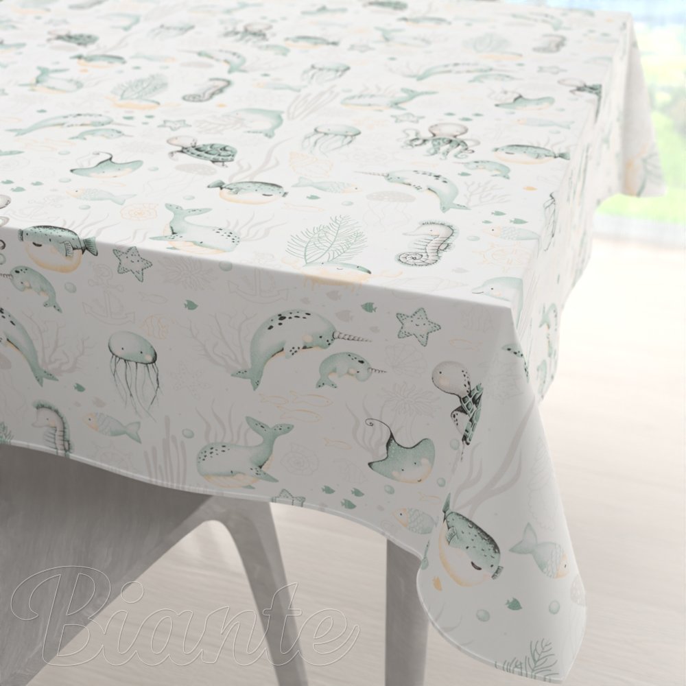 Dětský bavlněný čtvercový ubrus Sandra SA-688 Mořský svět zelený na bílém - Biante.cz