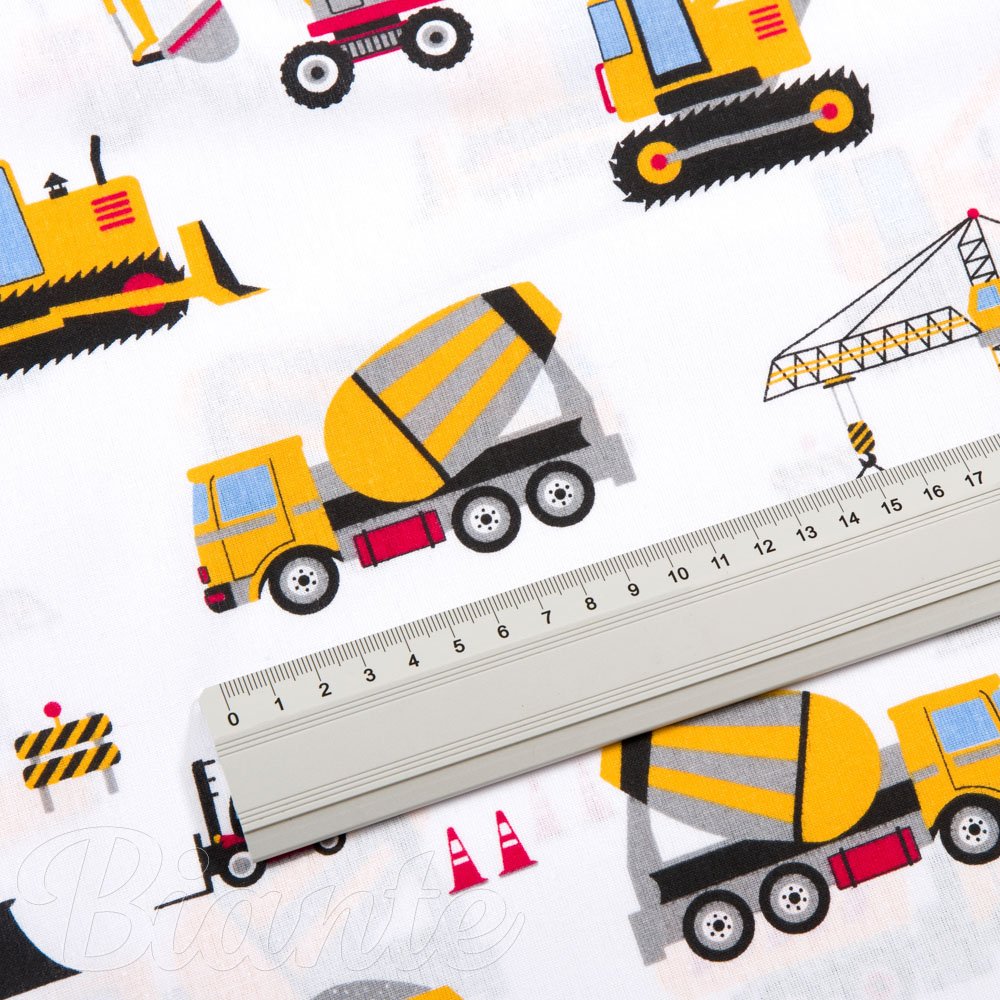 Dětská bavlněná látka/plátno Sandra SA-081 Nákladní auta a bagry na bílém - šířka 145 cm - detail 2 - Biante.cz