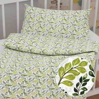 Dětské bavlněné povlečení do postýlky Sandra SA-426 Zelené větvičky s lístky na bílém - Biante.cz