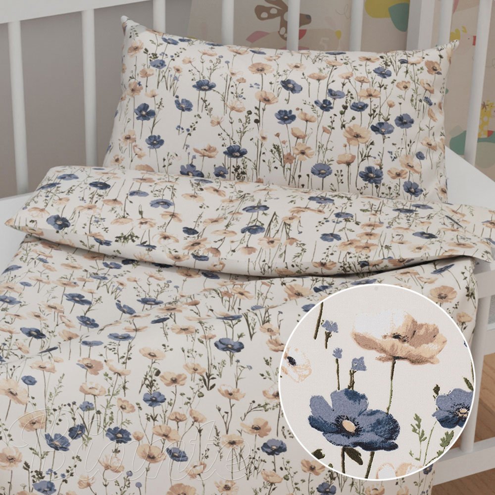 Dětské bavlněné povlečení do postýlky Sandra SA-630 Modro-hnědé vlčí máky na světle vanilkovém - Biante.cz