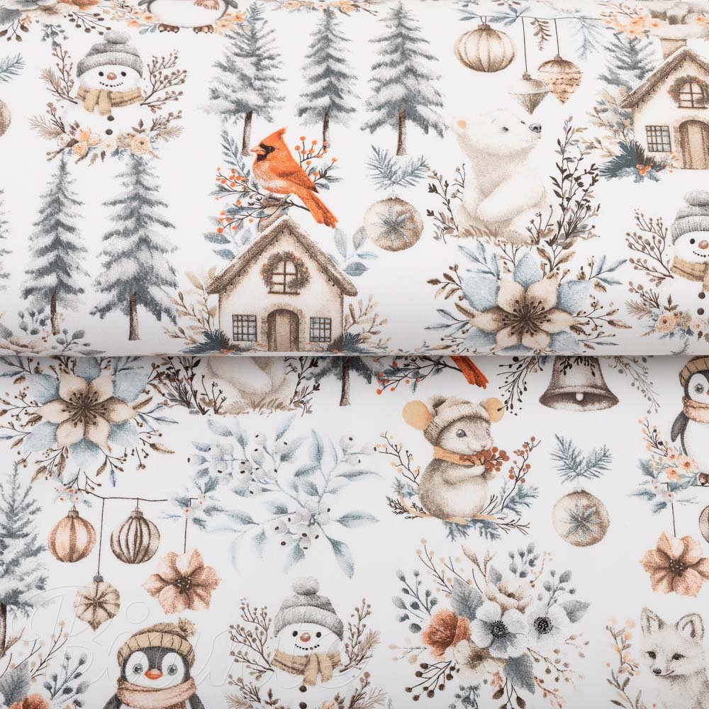 Bavlněná látka/plátno Sandra SA-708 Zimní pohádka modro-šedo-hnědá na bílém - šířka 160 cm - detail 2 - Biante.cz