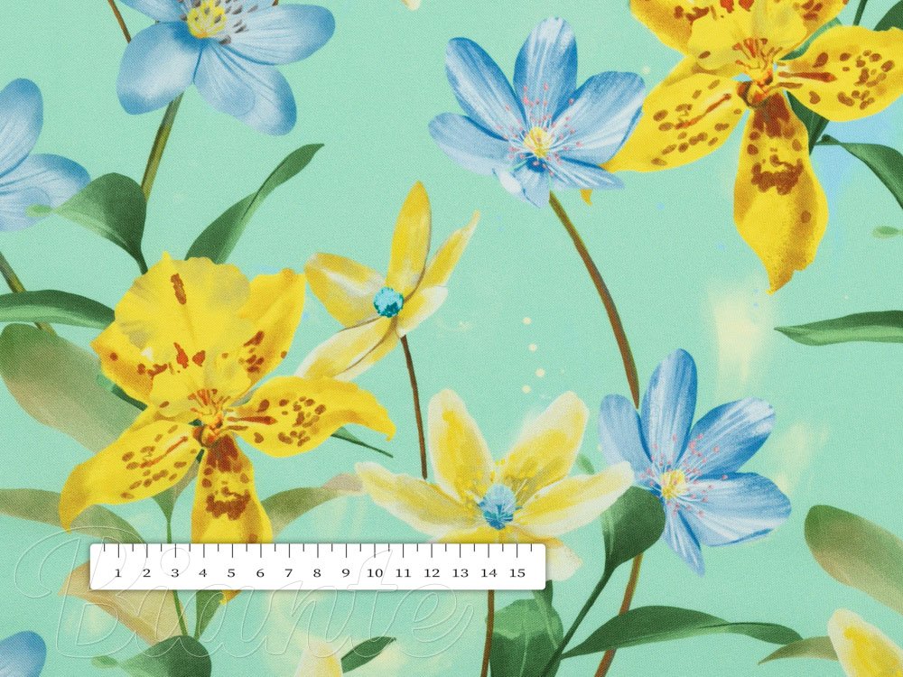 Teflonová látka na ubrusy TF-082 Žluto-modré lilie na mintovém - šířka 155 cm - detail 7 - Biante.cz Teflonová látka na ubrusy TF-082 Žluto-modré lilie na mintovém - šířka 155 cm - detail 7 - Biante.cz
