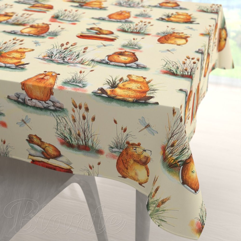 Dětský bavlněný čtvercový ubrus Sandra SA-710 Kapybary na krémovém - Biante.cz