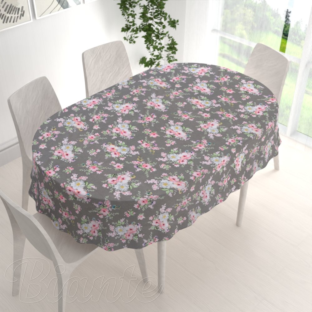 Bavlněný oválný ubrus Sandra SA-553 Růžové květiny na šedém - detail 1 - Biante.cz