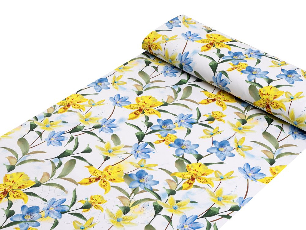 Teflonová látka na ubrusy TF-081 Žluto-modré lilie na bílém - šířka 155 cm - detail 1 - Biante.cz Teflonová látka na ubrusy TF-081 Žluto-modré lilie na bílém - šířka 155 cm - detail 1 - Biante.cz