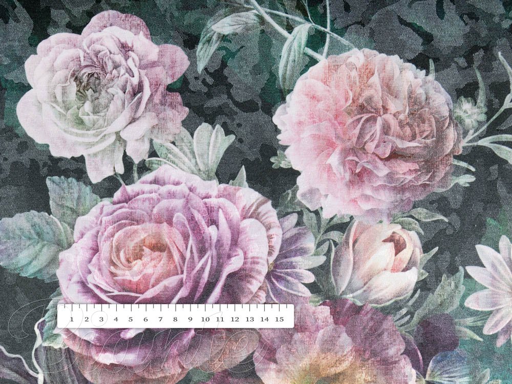 Dekorační žakárová látka BM-010 Velké fialové květy na tmavě zeleném - šířka 150 cm - detail 3 - Biante.cz