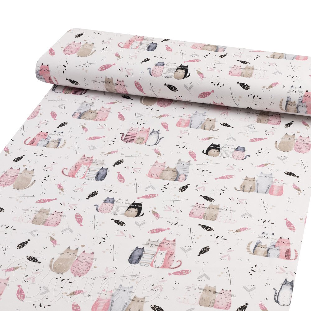 Dětská bavlněná látka/plátno Sandra SA-654 Kočičí svět růžovo-hnědý na bílém - šířka 160 cm - detail 1 - Biante.cz