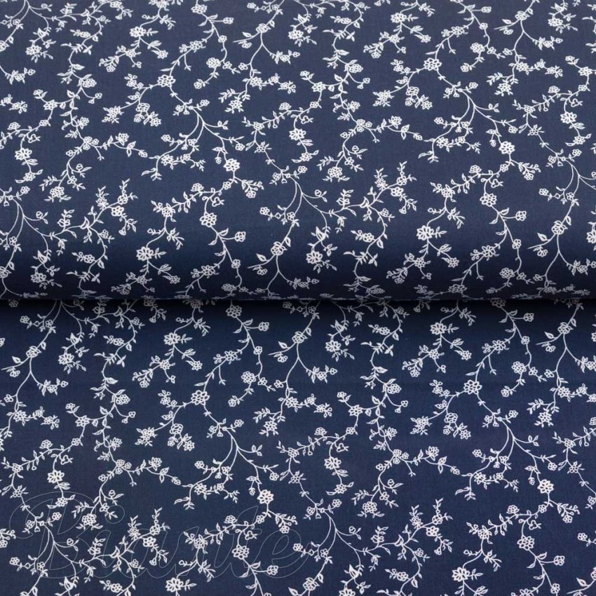 Bavlnená látka/plátno Sandra SA-792 Imitácia modrotlače - Popínavé kvietky na temno modrom - šírka 140 cm - detail 2 - Biante.sk