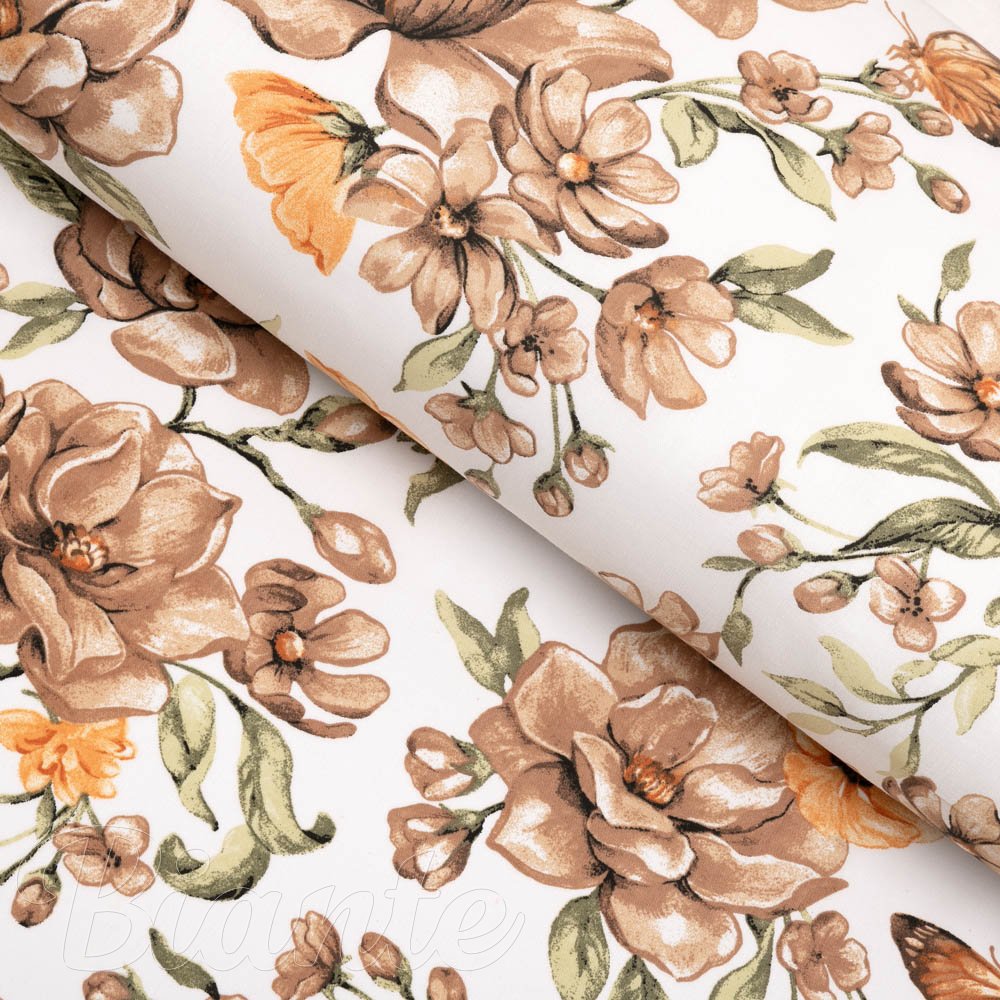 Bavlněná látka/plátno Sandra SA-458 Hnědé květy magnolie s motýlky na bílém - šířka 160 cm - Biante.cz