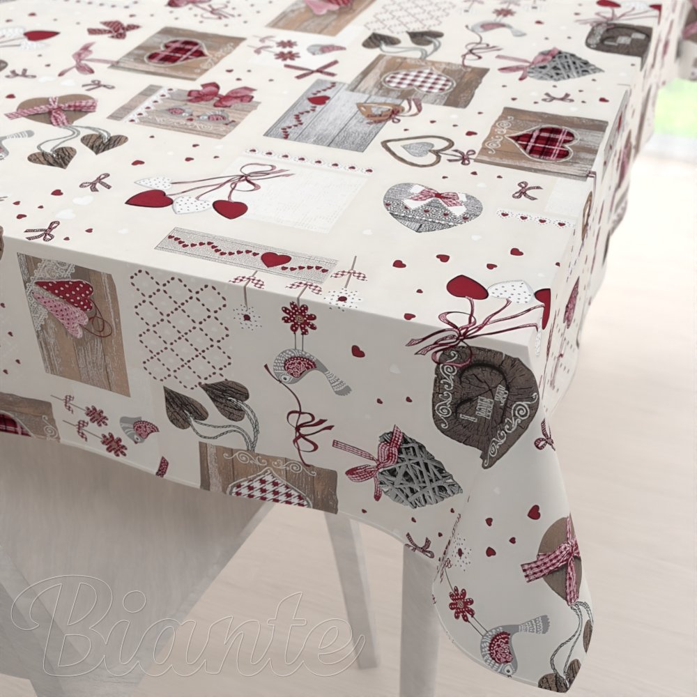 Dekorační obdélníkový ubrus Porto-PRT-015 Vínovo-šedá srdíčka na krémovém - Biante.cz
