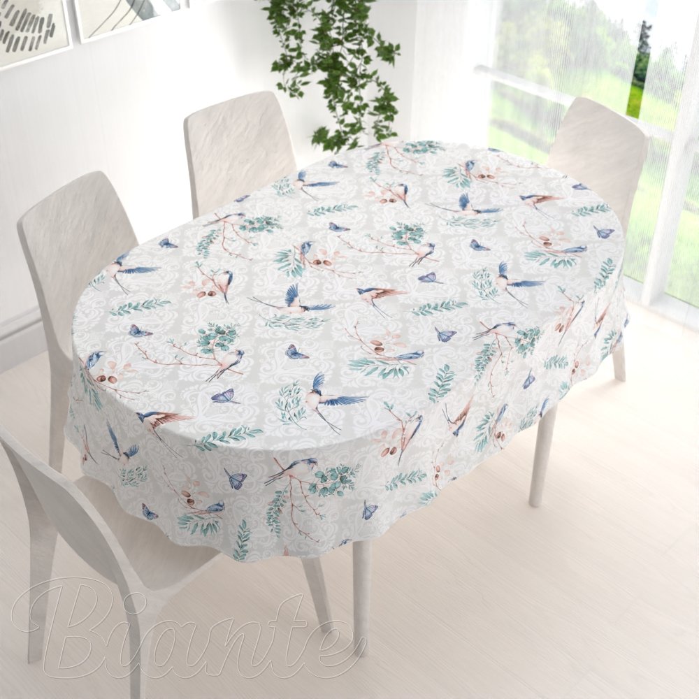 Bavlněný oválný ubrus Sandra SA-471 Vlaštovky s motýlky na světle šedém ornamentu - detail 1 - Biante.cz