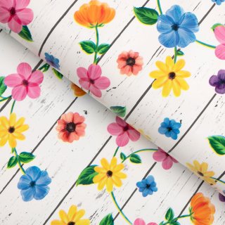 PVC obrus Farebné kvety na bielom drevodekore PV-110 - metráž š. 140 cm - Biante.sk