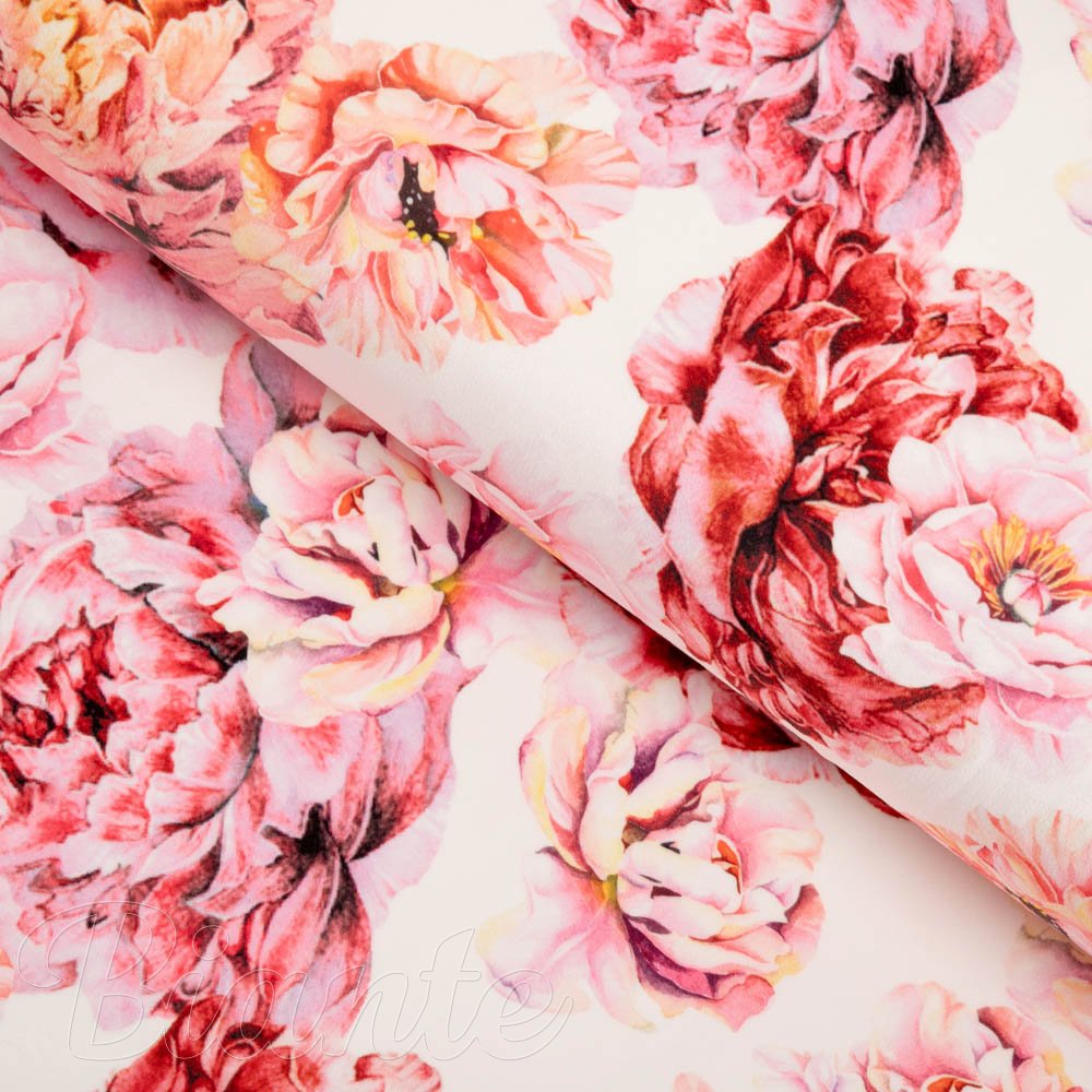 Sametová látka Tamara TMR-041 Růžovo-červené pivoňky na bílém - šířka 140 cm - Biante.cz