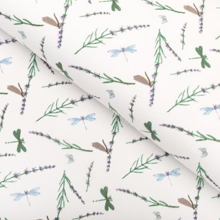 Bavlněná látka/plátno Sandra SA-560 Vážky a levandule na bílém - šířka 160 cm - Biante.cz