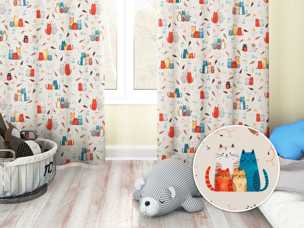 Detský bavlnený záves na mieru Sandra SA-655 Mačací svet modro-červený na krémovom - Biante.sk