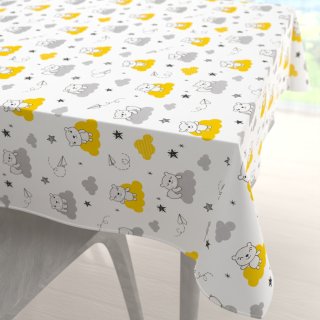 Dětský bavlněný čtvercový ubrus Sandra SA-725 Medvídci na žluto-šedých mráčcích na bílém - Biante.cz