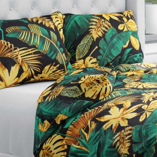 Bavlněné ložní povlečení Sandra SA-603 Zeleno-zlaté tropické listy na černém - Biante.cz