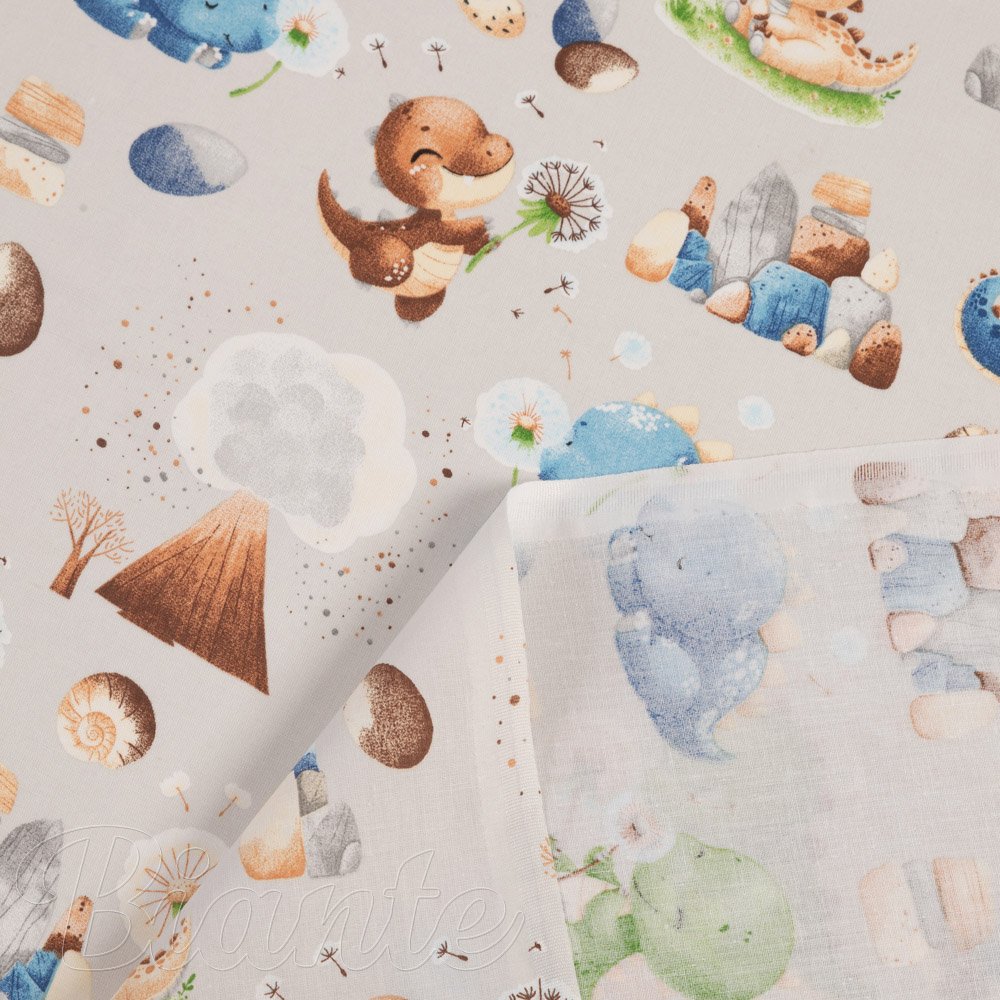 Dětská bavlněná látka/plátno Sandra SA-656 Modro-zeleno-hnědí dinosauříci na světle šedém - šířka 160 cm - detail 4 - Biante.cz