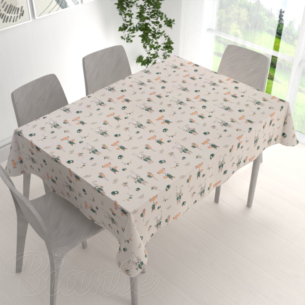 Dětský bavlněný obdélníkový ubrus Sandra SA-701 Zajíčci a lišky s balónky - zelené na světle béžovém - detail 1 - Biante.cz