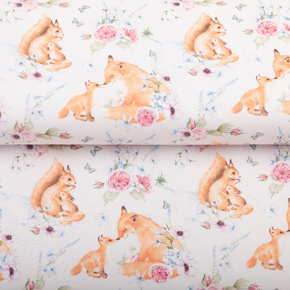 Dětská bavlněná látka/plátno Sandra SA-694 Veverky a lišky mezi květinami na bílém - šířka 160 cm - detail 2 - Biante.cz