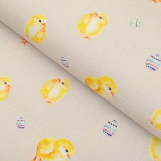 Velikonoční teflonová látka na ubrusy TF-074 Kuřátka a kraslice na béžovém - šířka 155 cm - Biante.cz