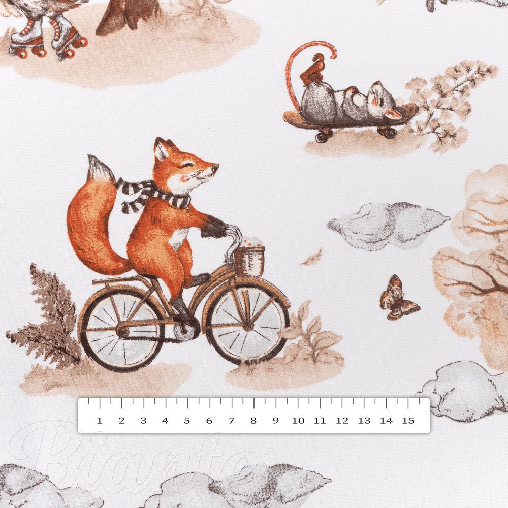 Dětská bavlněná látka/plátno Sandra SA-696 Lišky na kolách - hnědé na bílém - šířka 160 cm - detail 3 - Biante.cz