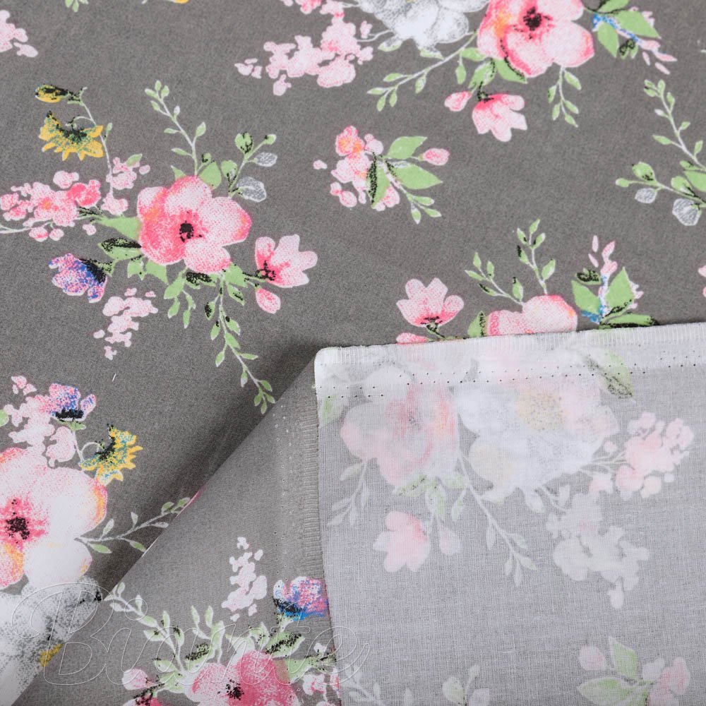 Bavlněná látka/plátno Sandra SA-553 Růžové květiny na šedém - šířka 160 cm - detail 4 - Biante.cz