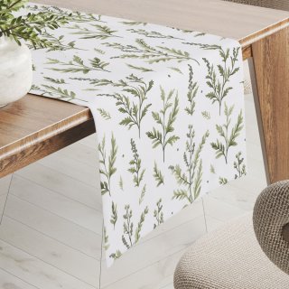 Bavlněný běhoun na stůl Sandra SA-718 Zelené natě bylinek na bílém - Biante.cz