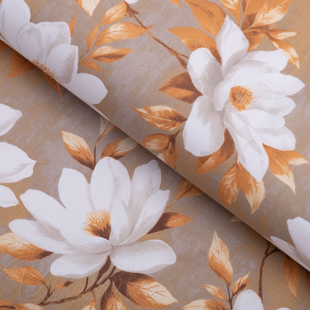Bavlněná látka/plátno Sandra SA-716 Bílé květy magnolie na hnědošedém - šířka 160 cm - Biante.cz