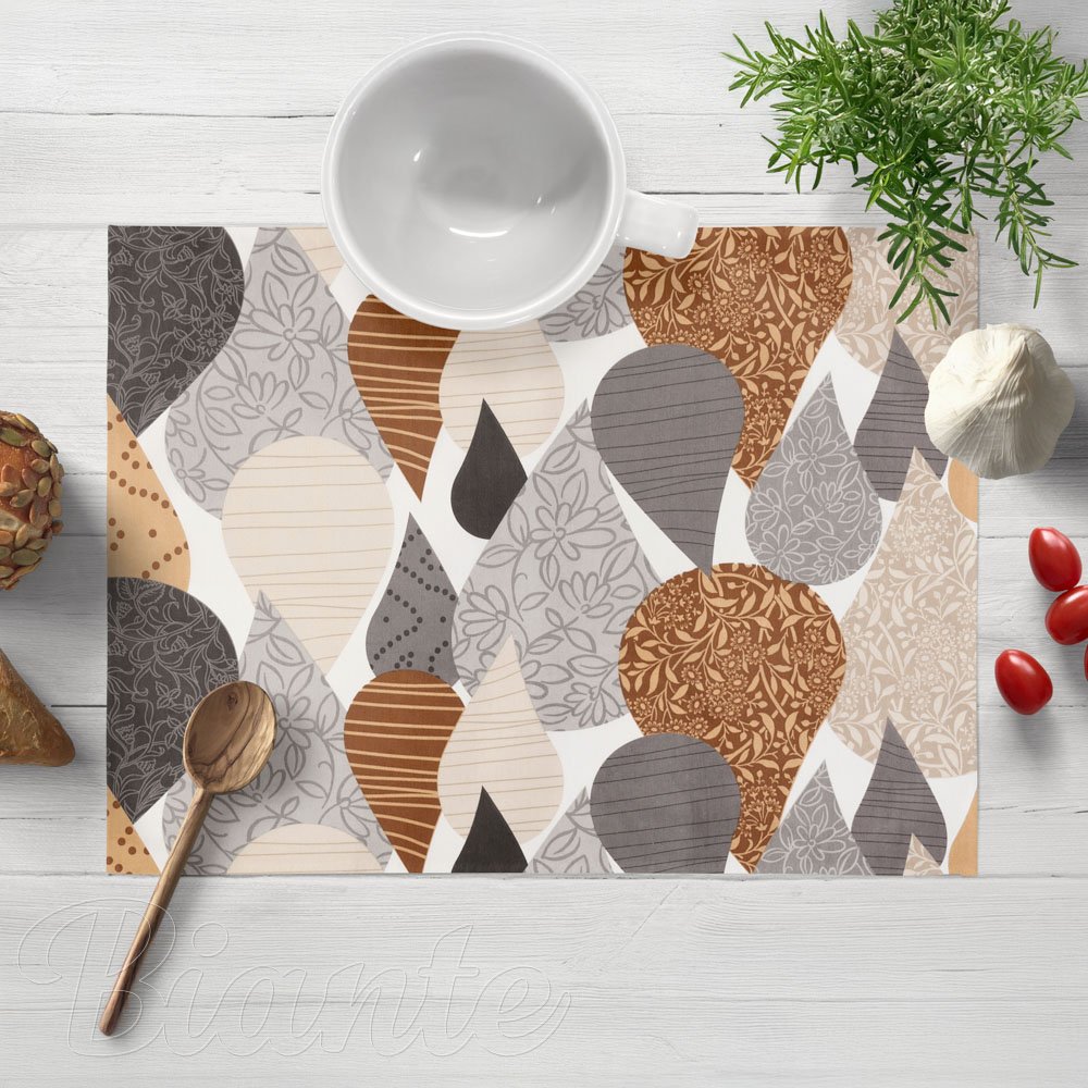 Bavlněné prostírání na stůl Sandra SA-507 Hnědo-šedé kapky s ornamenty - Biante.cz