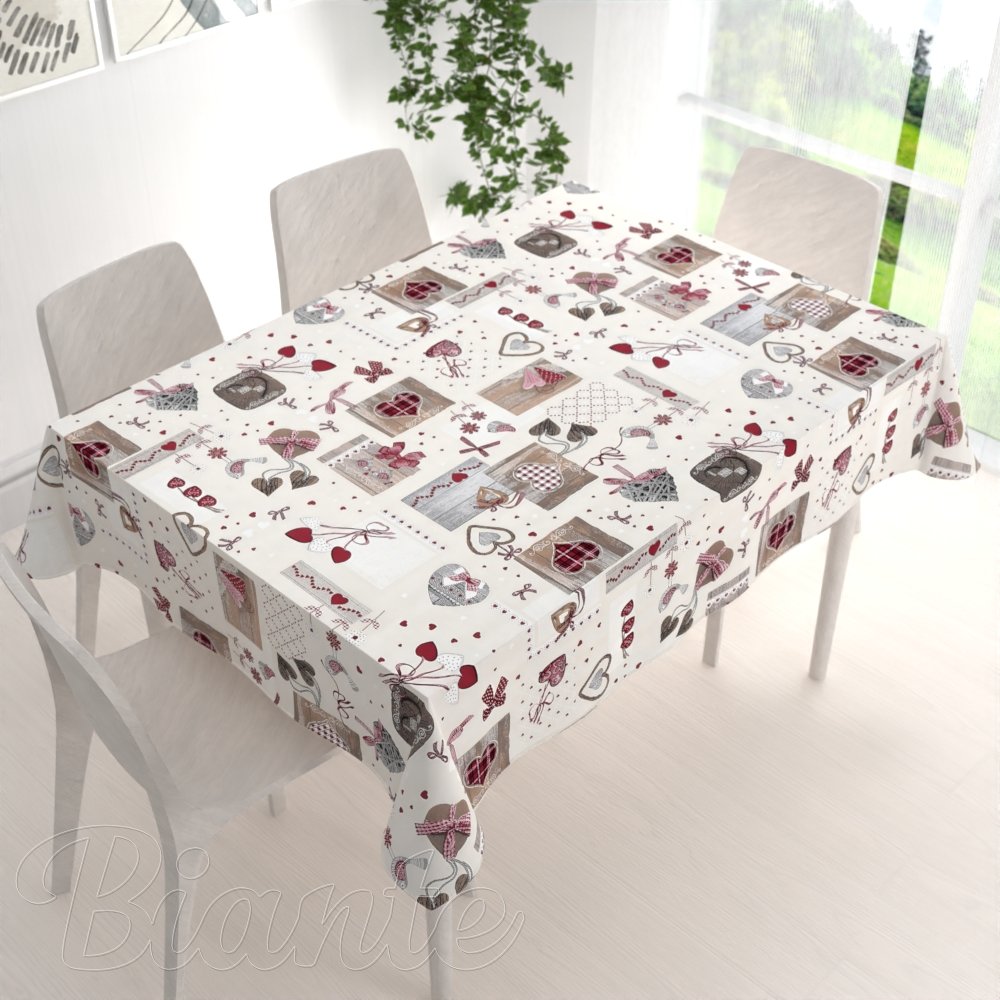 Dekorační obdélníkový ubrus Porto-PRT-015 Vínovo-šedá srdíčka na krémovém - detail 1 - Biante.cz