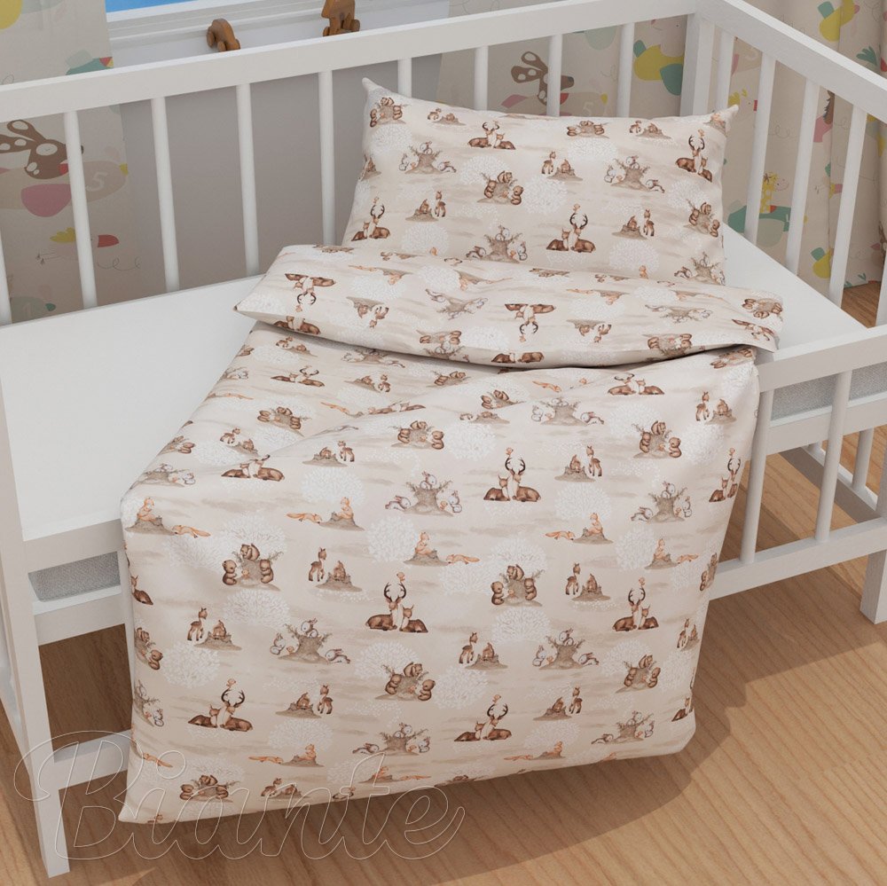 Dětské bavlněné povlečení do postýlky Sandra SA-698 Hnědá lesní zvířátka na béžovém - detail 1 - Biante.cz