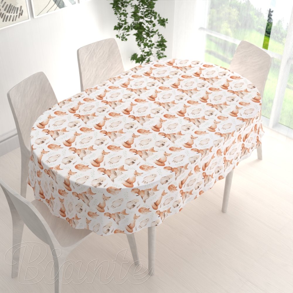 Dětský bavlněný oválný ubrus Sandra SA-523 Lišky a sovy na bílém - detail 1 - Biante.cz