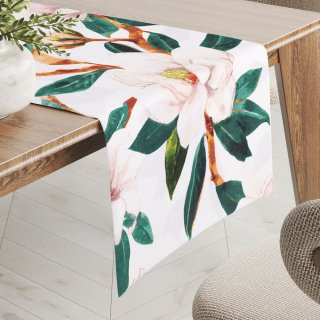 Bavlněný běhoun na stůl Sandra SA-293 Magnolie se zelenými listy na bílém - Biante.cz
