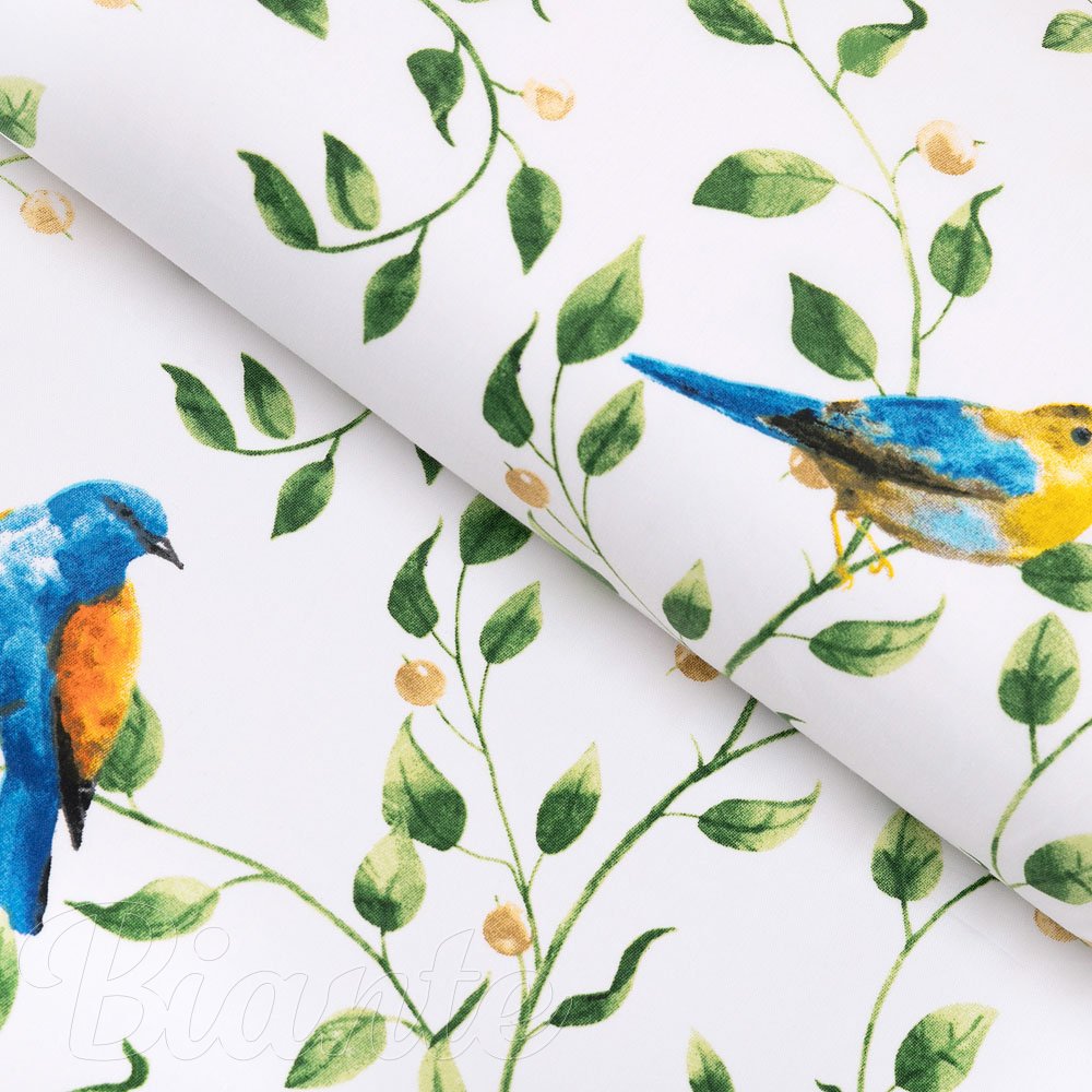 Bavlněná látka/plátno Sandra SA-501 Modří ptáčci a větvičky na bílém - šířka 160 cm a 220 cm - Biante.cz