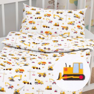 Dětské bavlněné povlečení do postýlky Sandra SA-081 Nákladní auta a bagry na bílém - Biante.cz