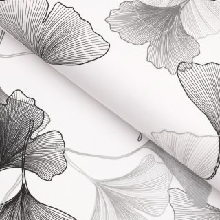 Bavlněná látka/plátno Sandra SA-512 Šedo-bílé ginkgo listy na bílém - šířka 145 cm - Biante.cz