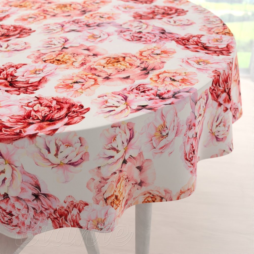 Sametový kulatý ubrus Tamara TMR-041 Růžovo-červené pivoňky na bílém - Biante.cz